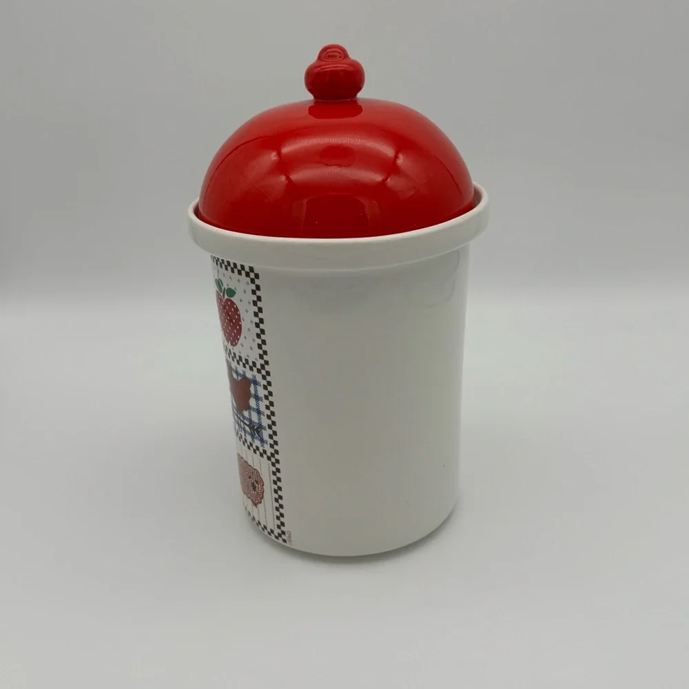 Vintage Decorative Canister w Red Dome Lid with Country Patchwork Themed Motif